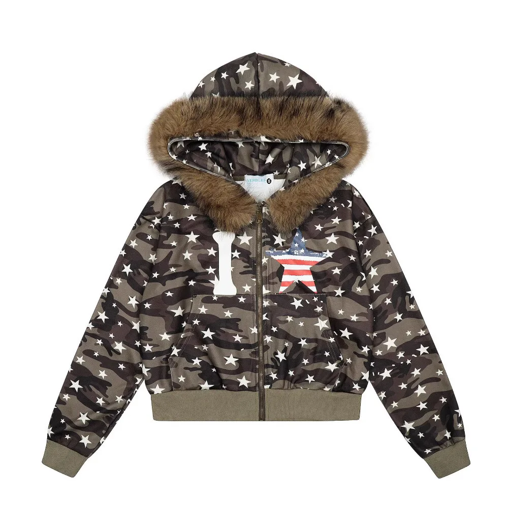 

High Street Camo Hoodie For Autumn Winter Star Print Hooded Sweatshirt With Pocket Trendy Distressed Camo Top
