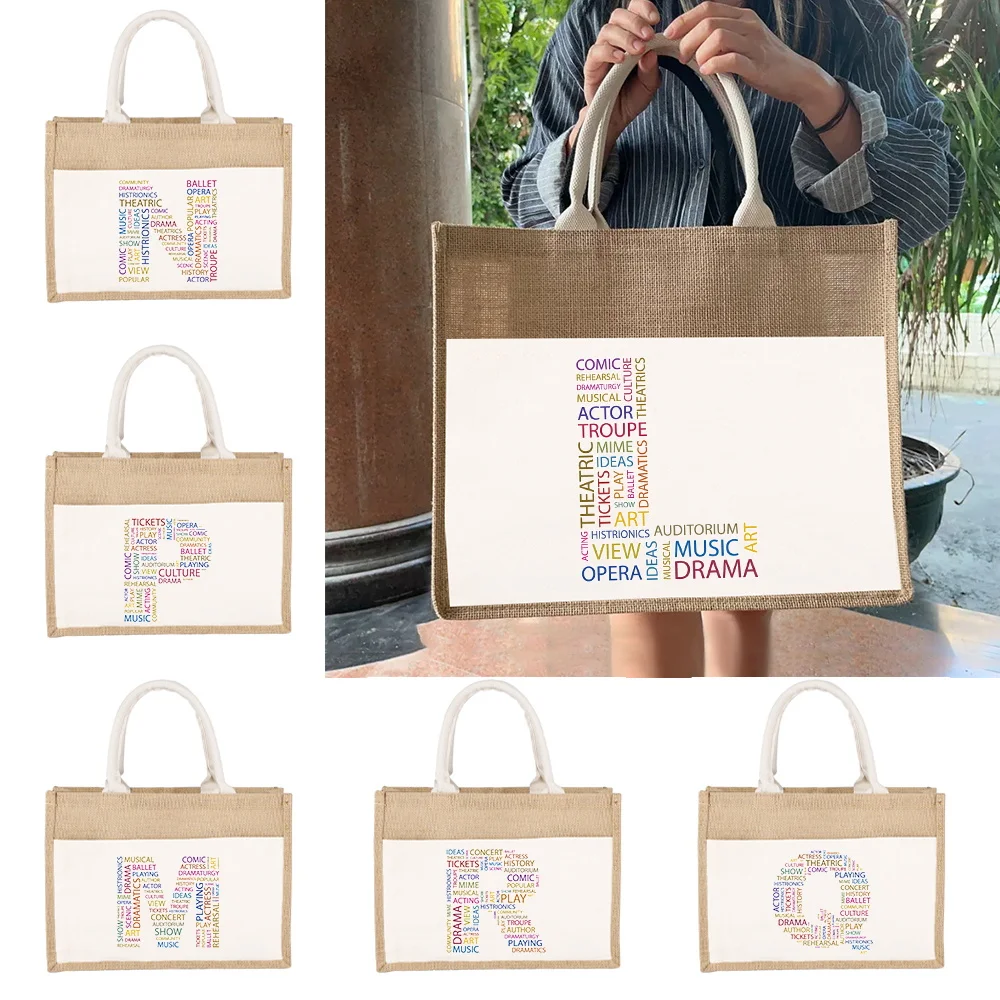

Jute Bag Handbag Linen Shoulder Bag Sacks Women Shopping Bags Tote Laminated Bags Letters Composed of Various Words Bag 2023