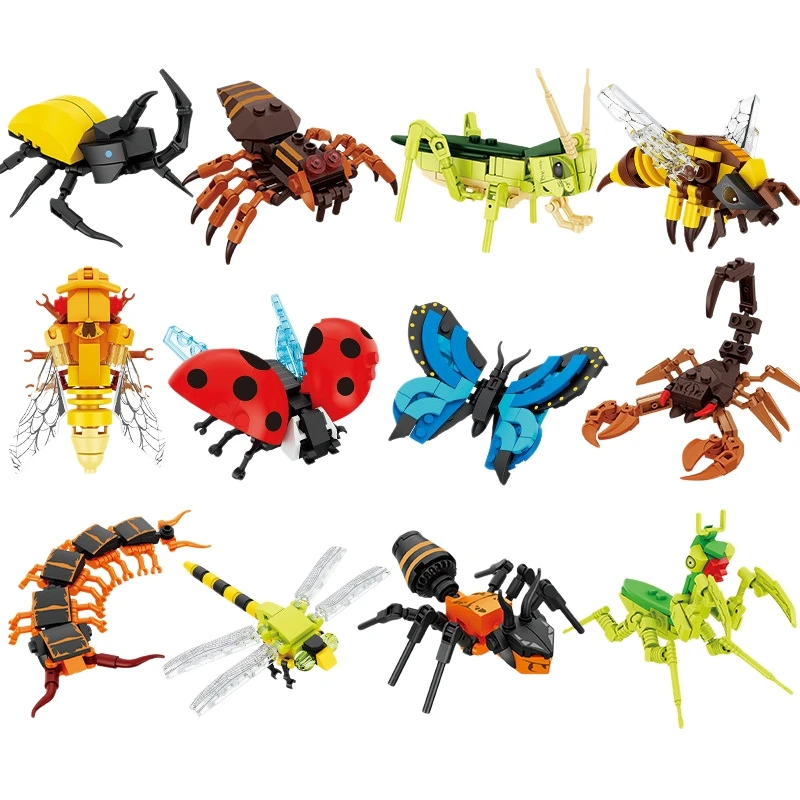 Bloques de construcción educativos para niños, modelos de insectos, saltamontes, escorpiones, centípedas, adornos hechos a mano, regalos geniales de cumpleaños