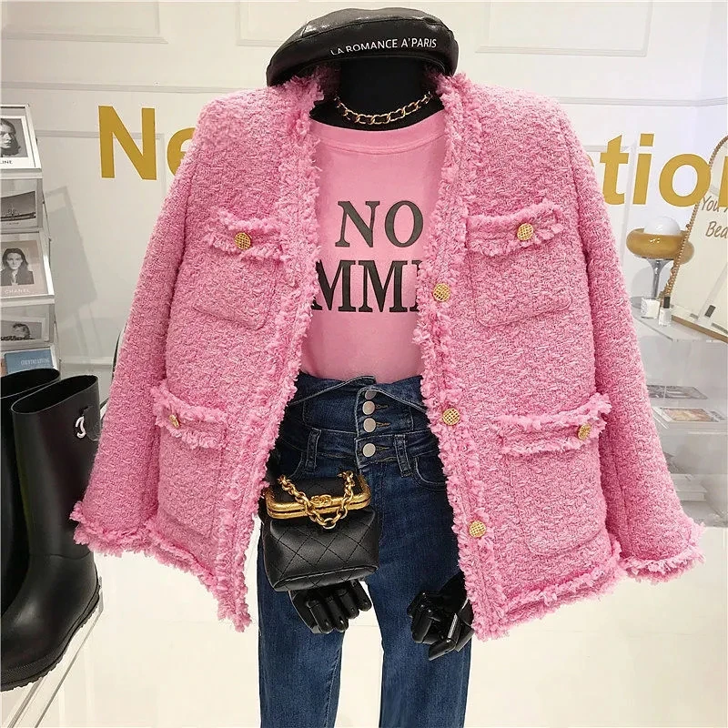 Women\'s 22 New Tweed Velvet Padded Suit Jacket Ins Pink Creamy White Warm Female V-Neck Loose Blazers