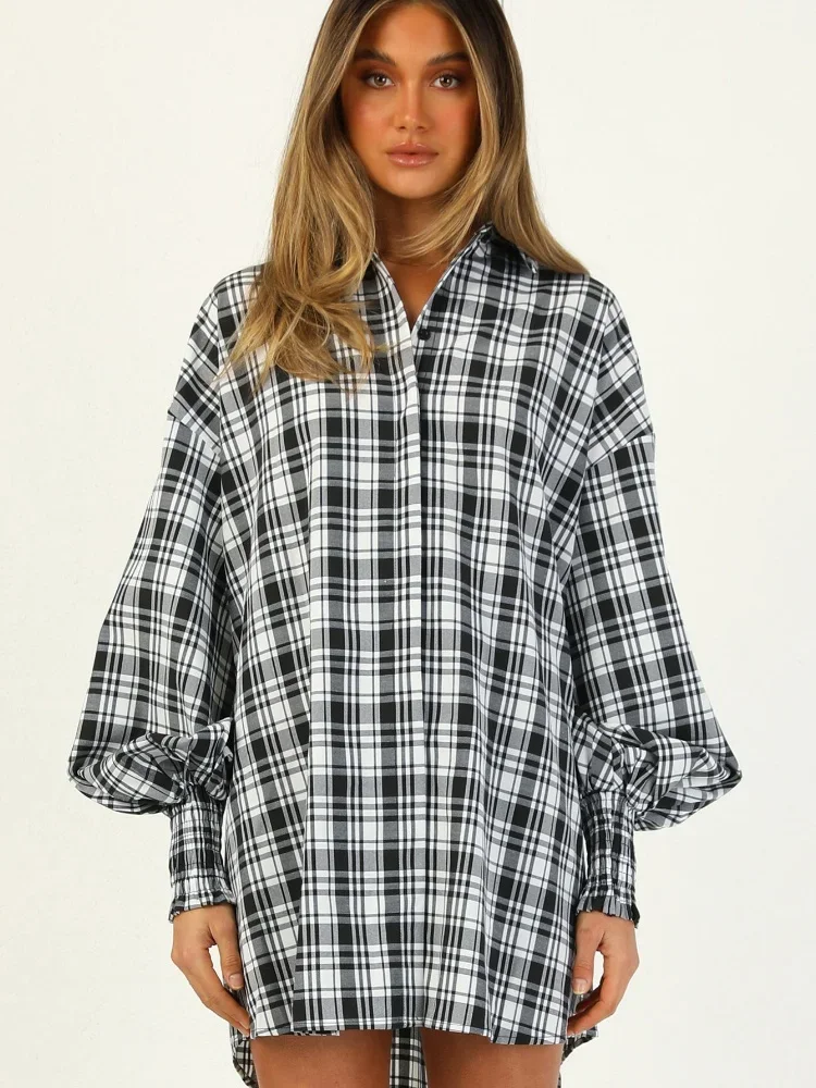 Women Patchwork Black And White Plaid Shirts Women Pocket Gingham Blouse Casual Loose Long Sleeve Print Tops Spring Summer Shirt