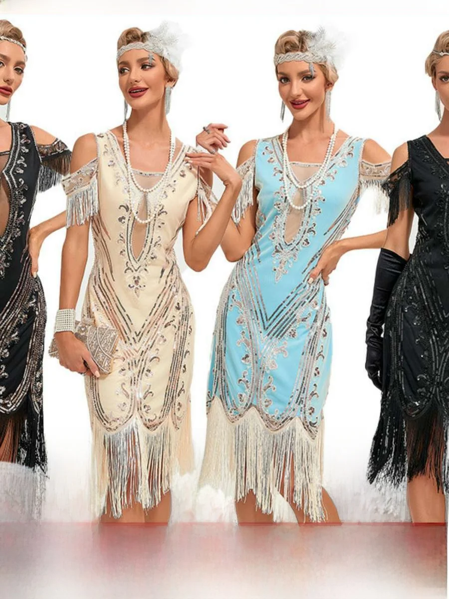 

Retro Tassel Embroidered Dress Sparkling Mesh Stage Dance Skirt Low Waist Slim Fit Party Evening Gown for Women