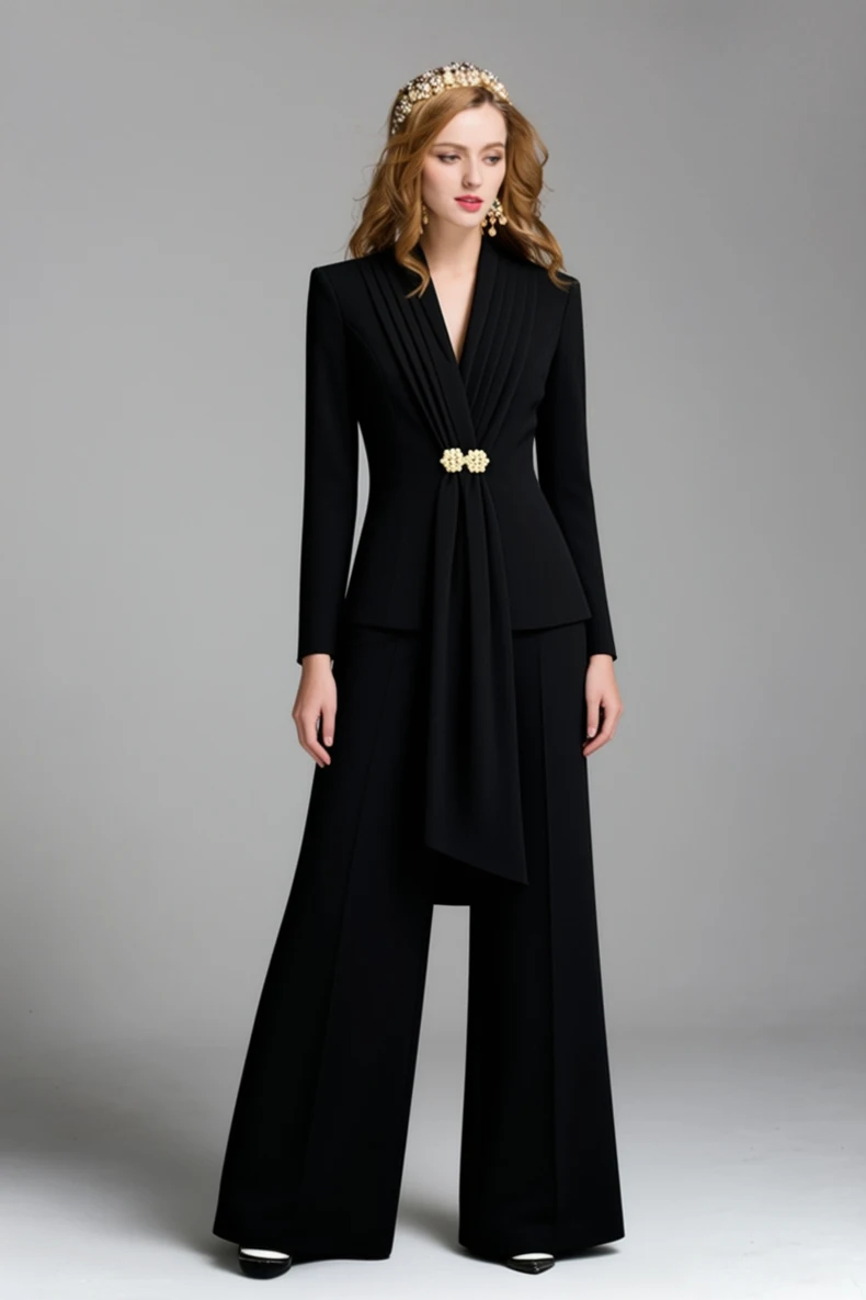 Conjunto de blazer plissado preto feminino com broche decorativo e calças de perna larga, terno elegante de duas peças para senhora do escritório