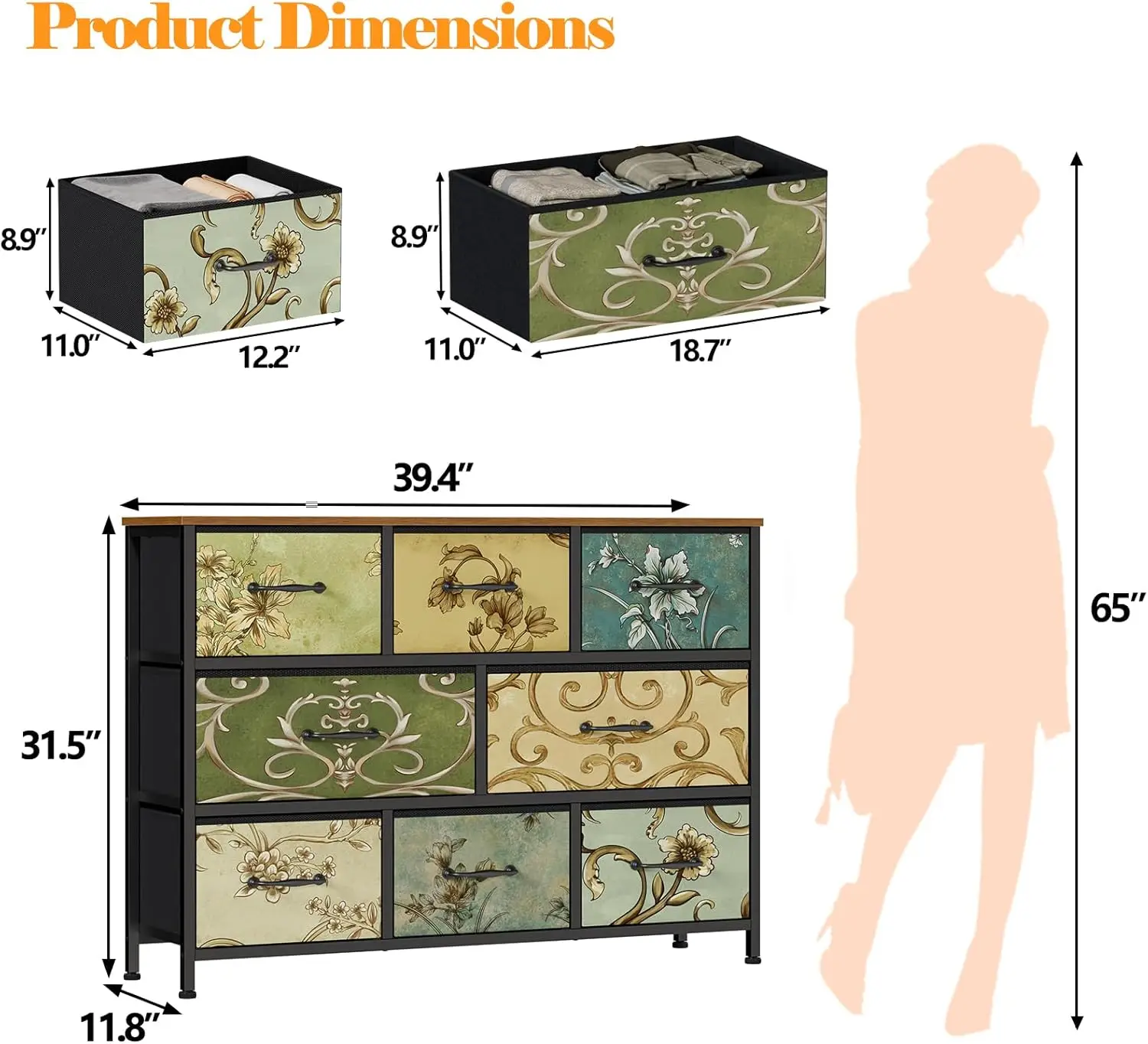 Commode à 8 tiroirs, commode large en tissu, meubles vintage pour chambre à coucher, salon, couloir, placard de rangement pour vêtements