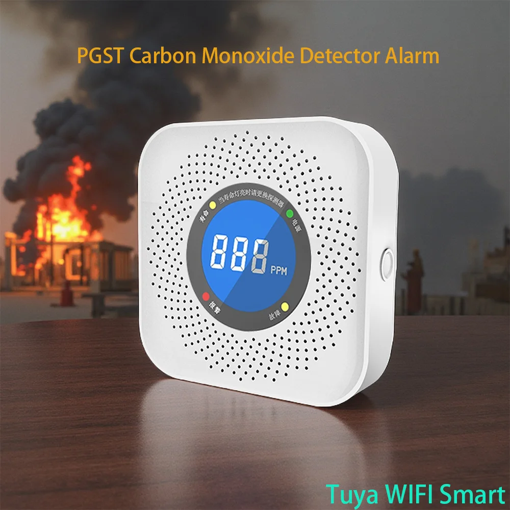 

PGST 008 Tuya Wi-Fi умный детектор угарного газа сигнализация 85 дБ звуковое предупреждение ЖК-цифровой дисплей домашняя сирена отравления CO в помещении