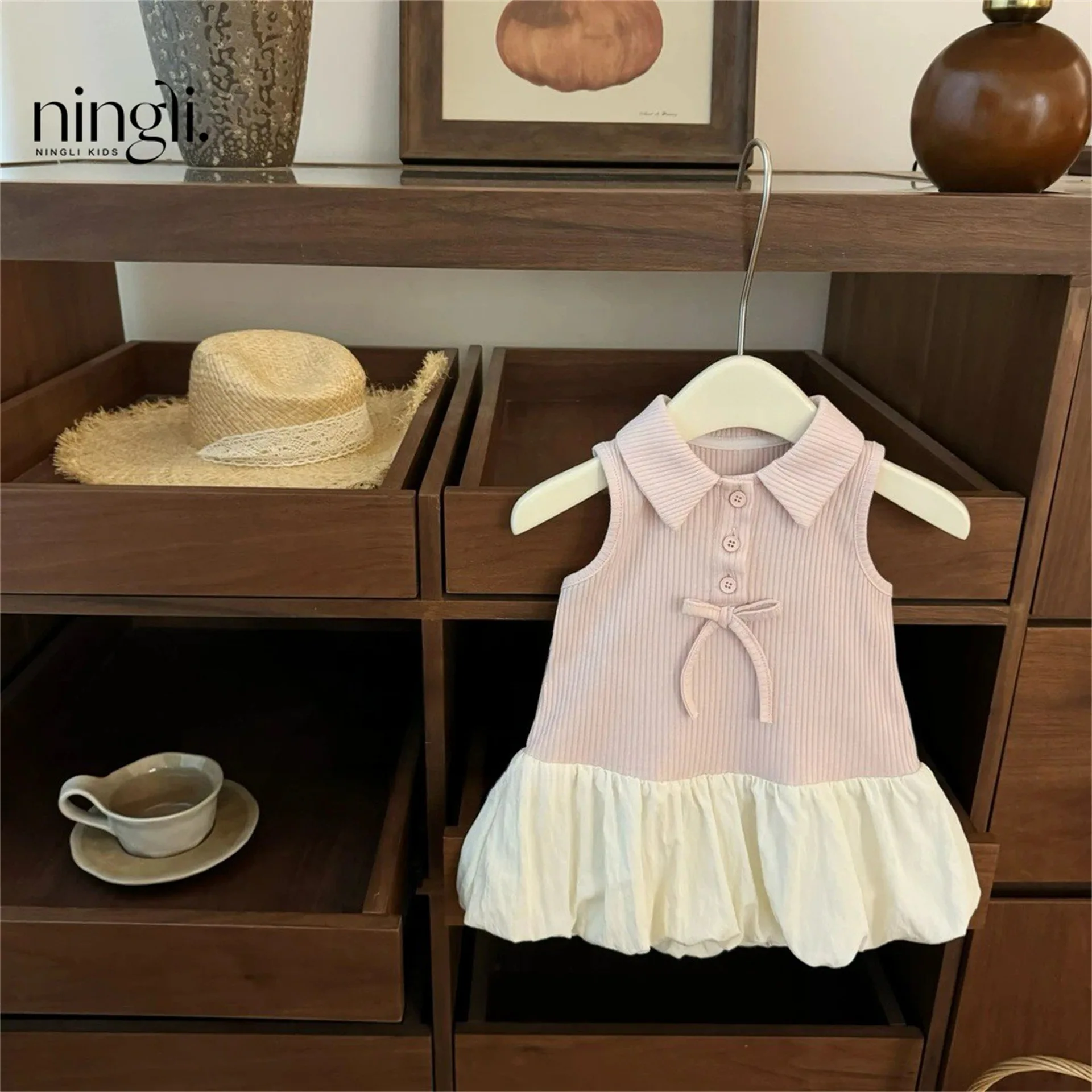 

Baby Girl dress Polo Collar Pink Sweet Waist Cinching Pink White Fluffy Flower Bud Skirt Pretty Trendy
