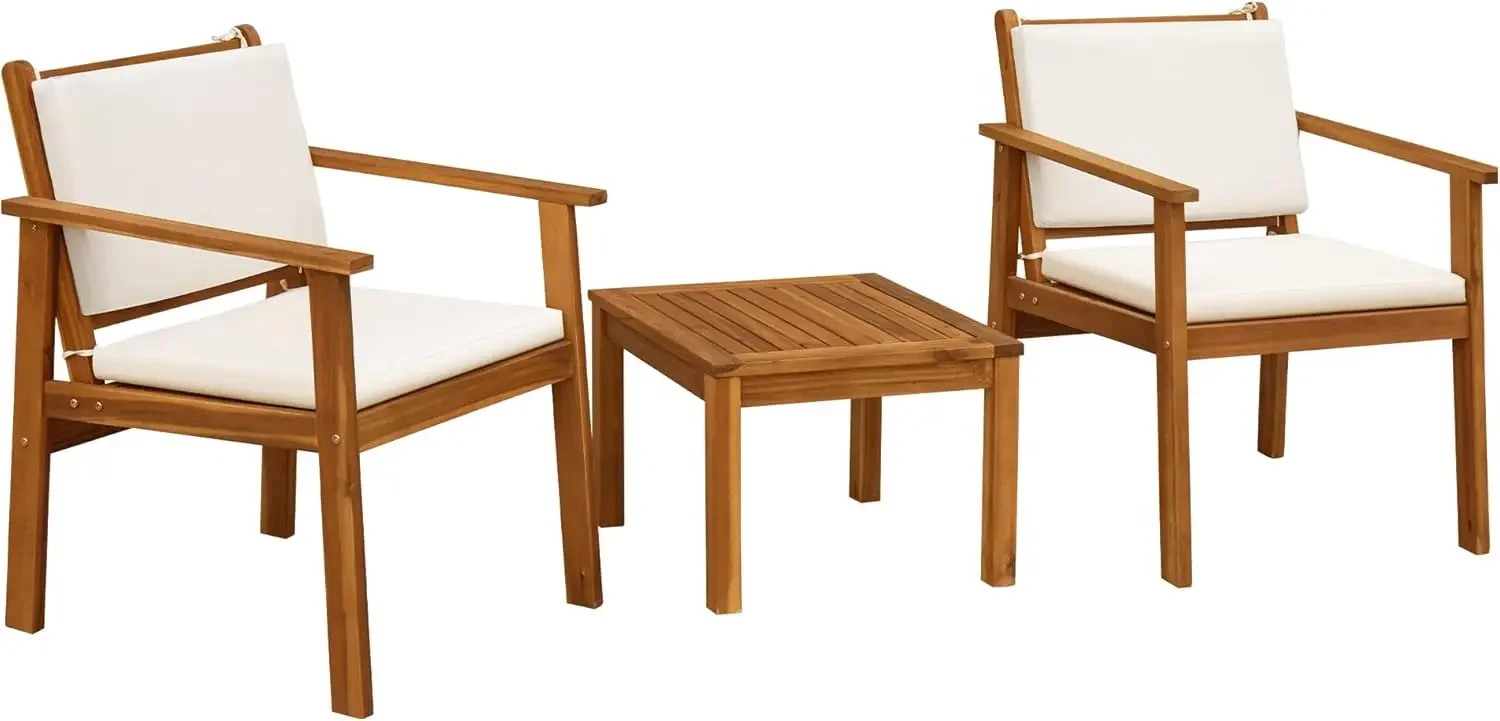 Patio Chairs 3 Piece Acacia Wood Patio Furniture with Coffee Table & Cushions Outdoor Conversation Set Balcony Chairs