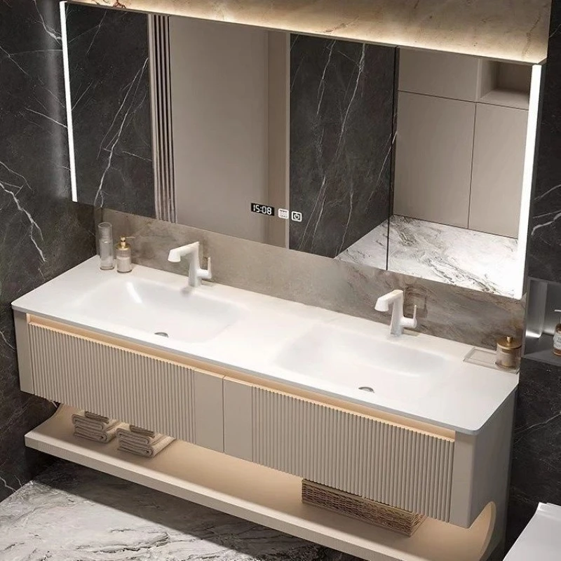 

2025 new rock slab hot bending integrated double basin oak bathroom cabinet combination modern cream wind toilet wash