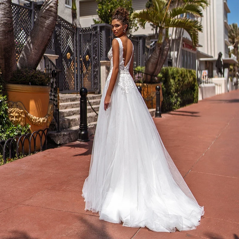 Vestido de novia largo de tul con purpurina, traje bohemio con cuello en V, espalda abierta, sin mangas