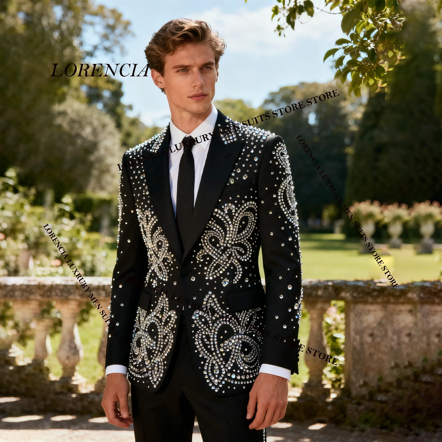 

Customized Luxury Glitter Crystal Diamond Design Men Suits Rhinestones Beaded Slim Ropa hombre 3 Pieces Sets Groom Male Blazers