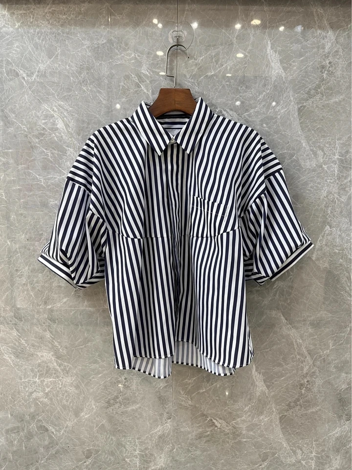 

Women's Shirt High quality striped puff short sleeve chic female blouse tops 3 color summer 2024 ladies clothes