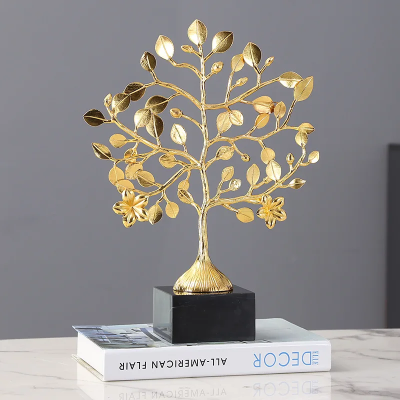 

European Luxury Metal Tree Leaves Living Room Wine Cabinet Decorative Art Marble Metal Lucky Tree Table Top Decoration Crafts