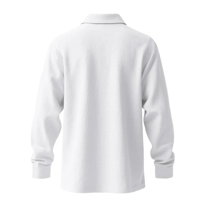 Leinen-Hemd mit Stehkragen und Knopfleiste, Herren Locker Sitzendes Atmungsaktives V-Ausschnitt Langarm-Polohemd – Detail 8