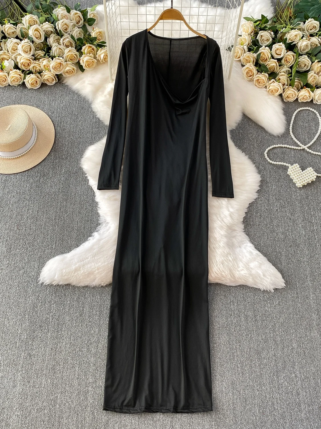 

Sexy Long Sve Bodycon Dr Women's High Waist Pure Color Slimming A-Line Skirt Anti-Ball Daily Wear Spring Autumn Dr