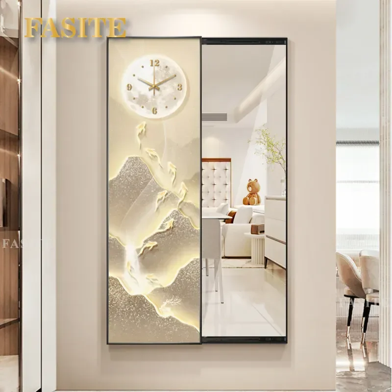 For Modern Light Luxury Home Decor Invisible Sliding Full Body Mirror with Clock Hidden Dressing Mirror Entrance Wall Art