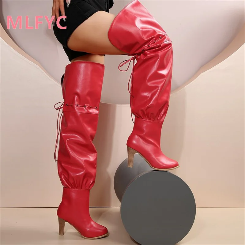 High Heel Over Knee Long Boots Winter Show Personalized Fashion Boots Foreign Trade Large Lace Adjustable High Heel Boots