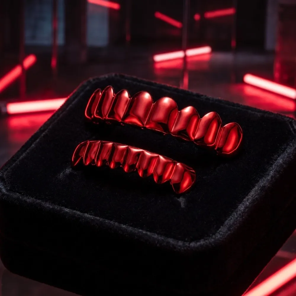 1Pcs/Set Glossy Finish Red Mirror Hip Hop Grillz Set Halloween Jewelry Shiny 8 Teeth Top Bottom Grills Punk Eco-friendly Copper