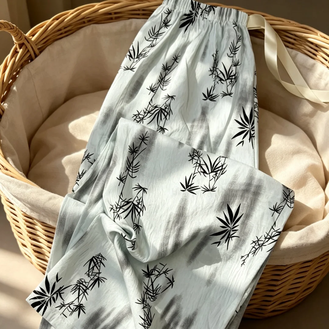 Women Pajama Pants Floral Butterfly Print Elastic Drawstring Waist Long Casual Sleepwear Bottoms Autumn Soft Trousers Woman