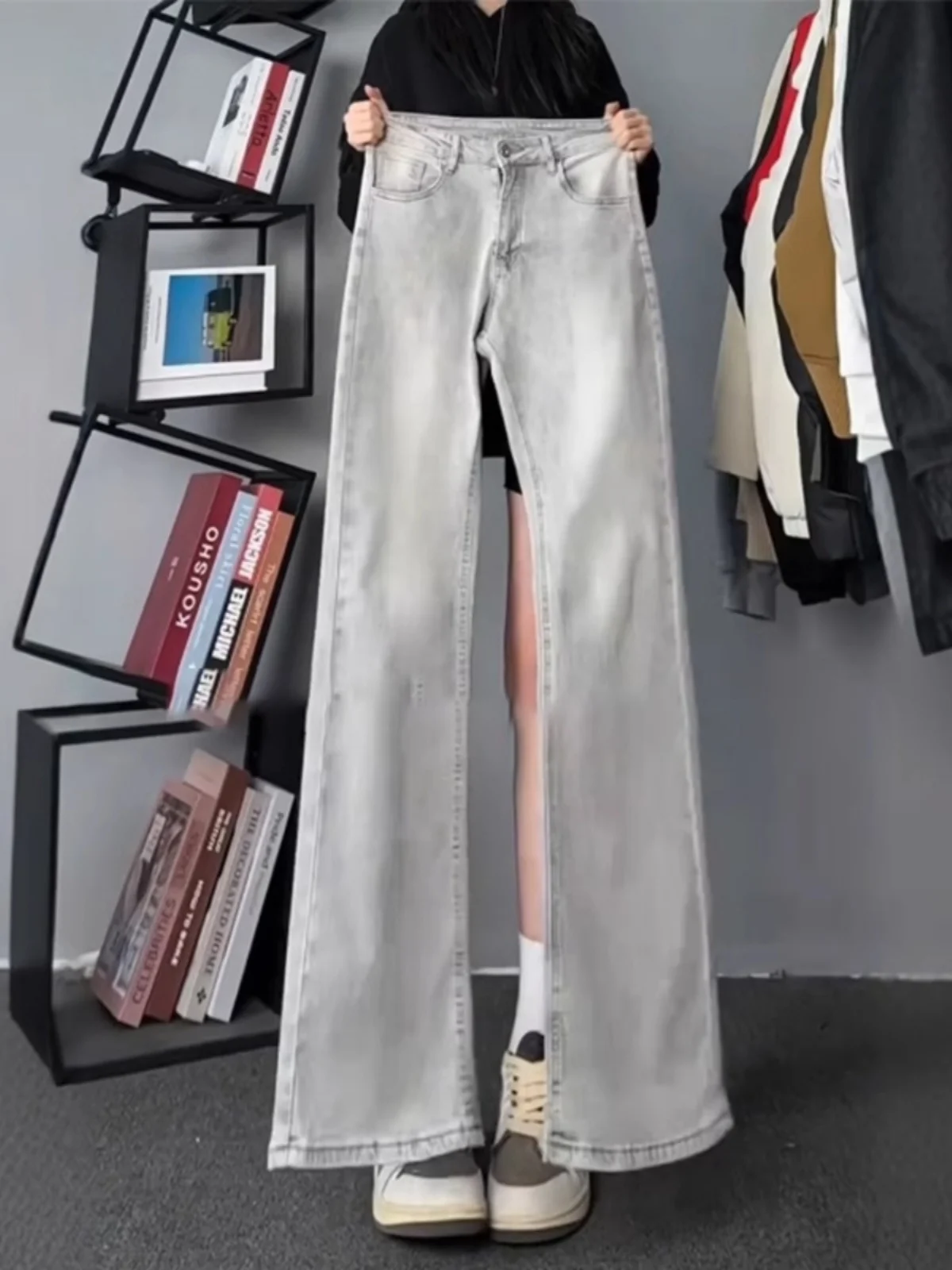 

Smoky Grey Willow Leaf Curve Men's Jeans High Waist Slim Straight Leg Jeans Spring American High Street Wide Leg Jeans