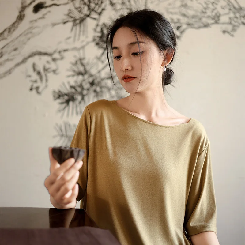 

Summer Round Neck Design Sense Short Sleeve T-shirt Women Sense Ladies Soft Breathable Chinese Style Top