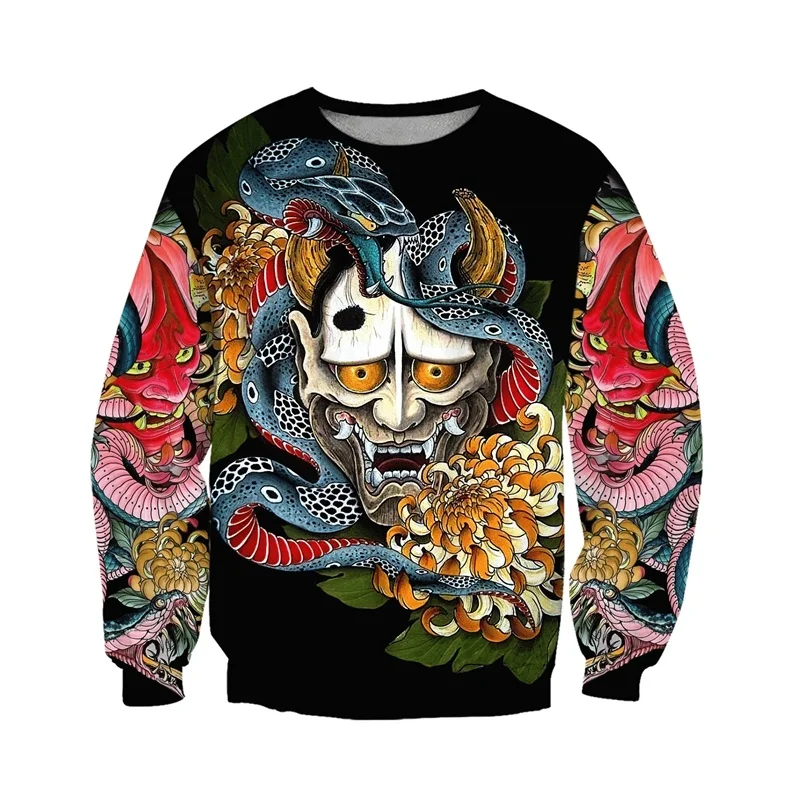 Cool Ghost Mask 3D Printed Hoodies For Men Flower Snake Pattern Long Sleeved Sweatshirt Autumn Oversized Round Neck Pullovers