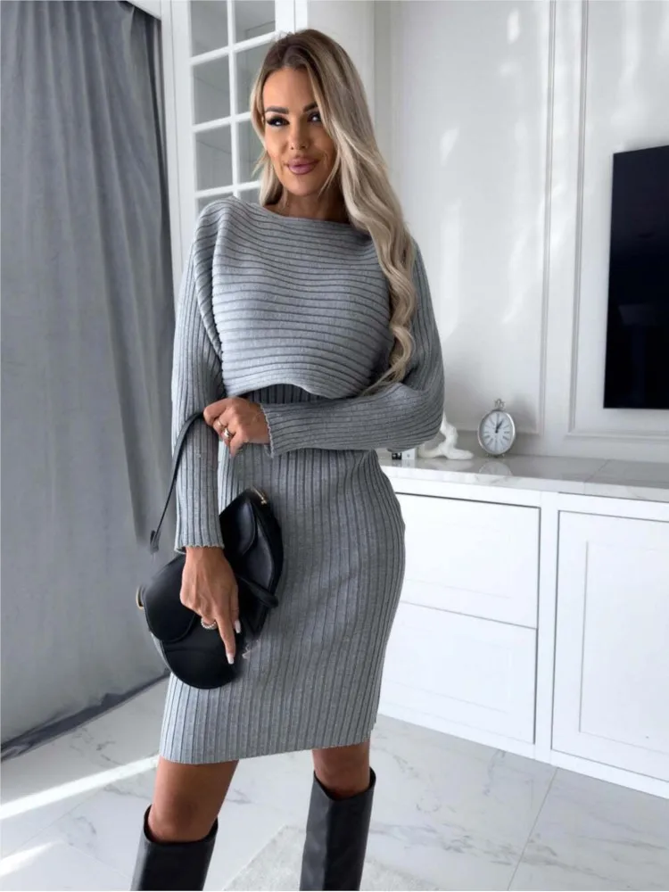 Fashion Long Sleeve Knitted Sweater And Dress Two Piece Sets For Women 2025 Autumn Winter Outfits Warm Sexy Bodycon Drsses Sets