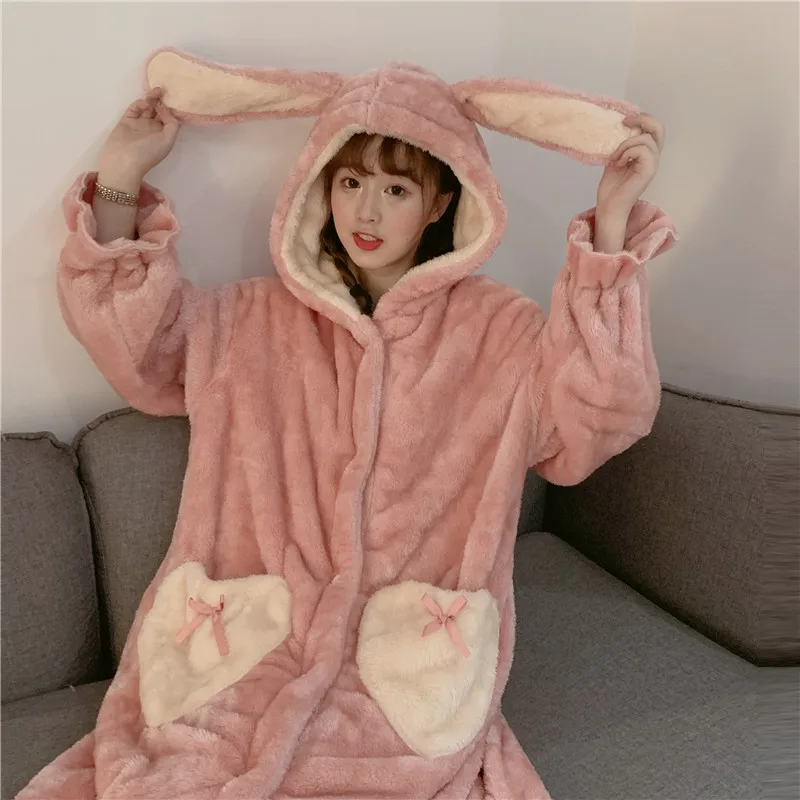 Winter Fashion Warm Comfortable Midi Robe Women Sweet Girl Cute Big Rabbit  Ear Loose Bathrobe Long Sleeve Dressing Gown Female - AliExpress 200574005
