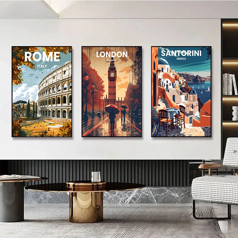 Modern Travel Cities Santorini Rome Crete Paris London Art Poster Canvas Prints Wall Art Painting for Home Living Room Decor