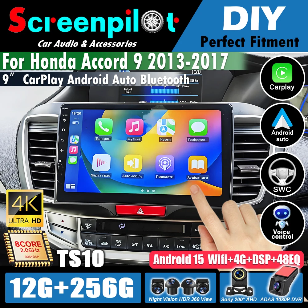 Radio Multimedia para Automóvil Android 16 para Honda Accord 9 2013 2014 2015 2016 2017, Reproductor con GPS, Navegación Estéreo, Carplay Inalámbrico