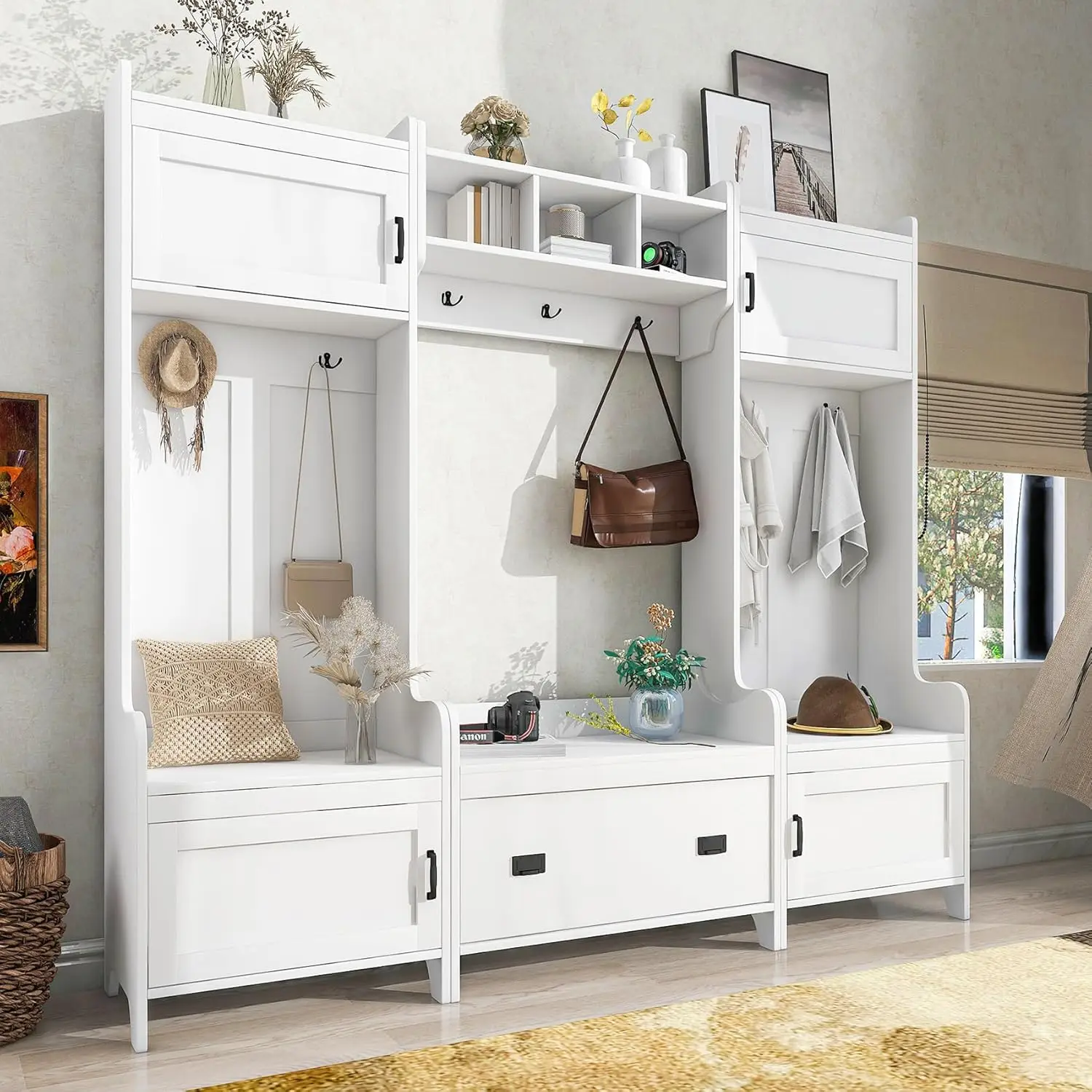 White Hall Tree with Bench & Shoe Storage, Entryway Organizer with 7 Hooks, 4 Cabinets, 1 Drawer, and Open Shelves.