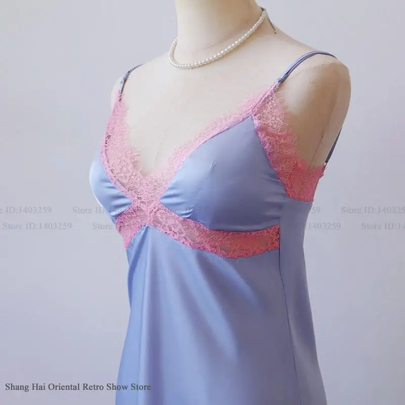 Nuevo conjunto de bata de 2 uds para mujer, ropa de dormir Sexy de encaje rosa con tirantes, camisón de lencería para primavera y verano, ropa de dormir de seda helada, vestido para casa