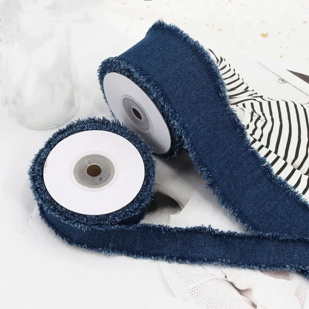 1.5Yards Denim Ribbon Hairclip Bows Solid Color Jeans Cloth Fabric Blue Cowboy Handmade Fringe Silk Ribbon Wedding Invitations