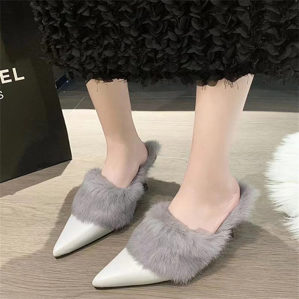 Mao Mao shoes, French high heels and plush Baotou semi-slippers, women wear 2023 new sandals. ...