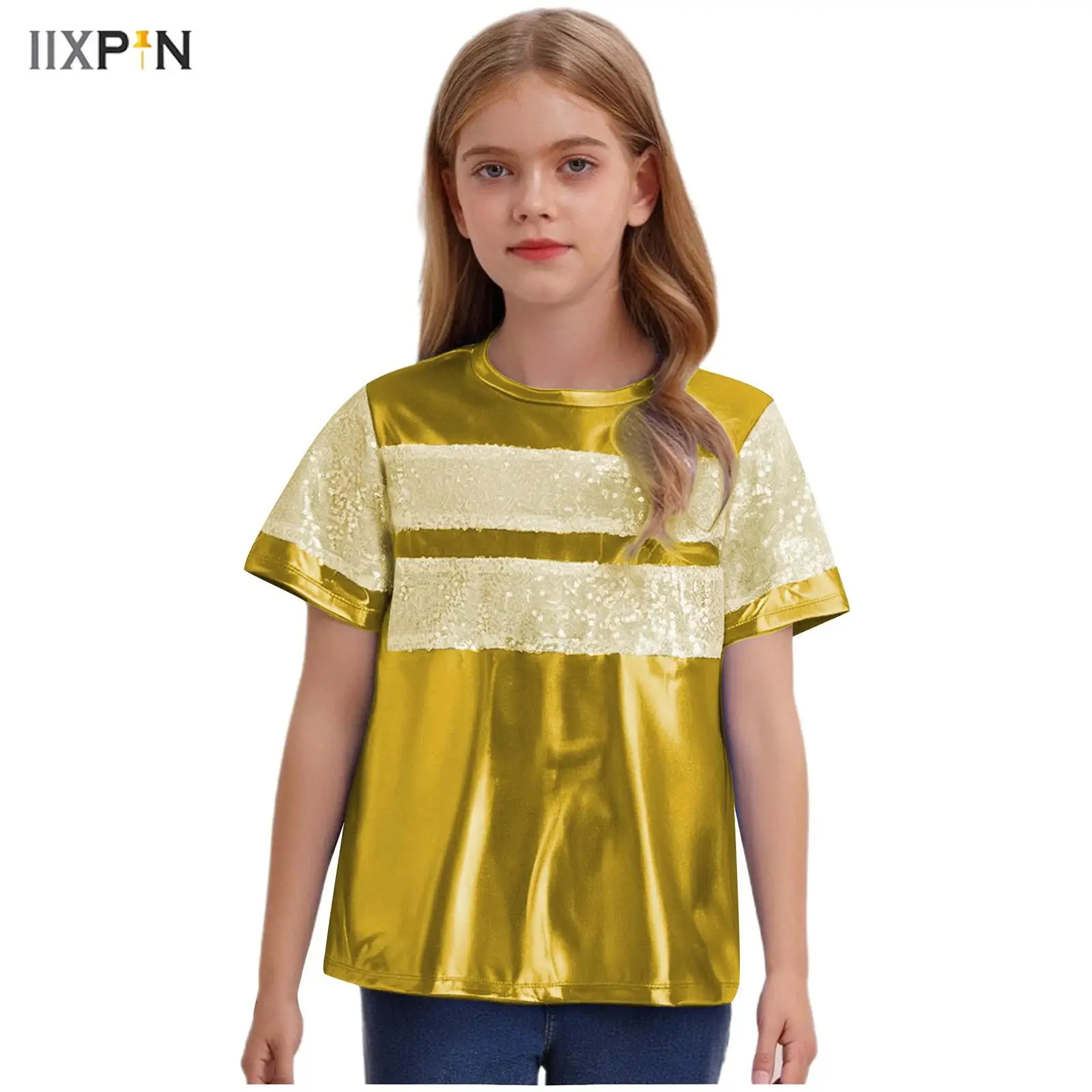 

Unisex Kids Girls Boys Metallic T-Shirt Short Sleeve Shiny Sequins Patchwork Tops for Hip Hop Disco Jazz Dance Stage Performance