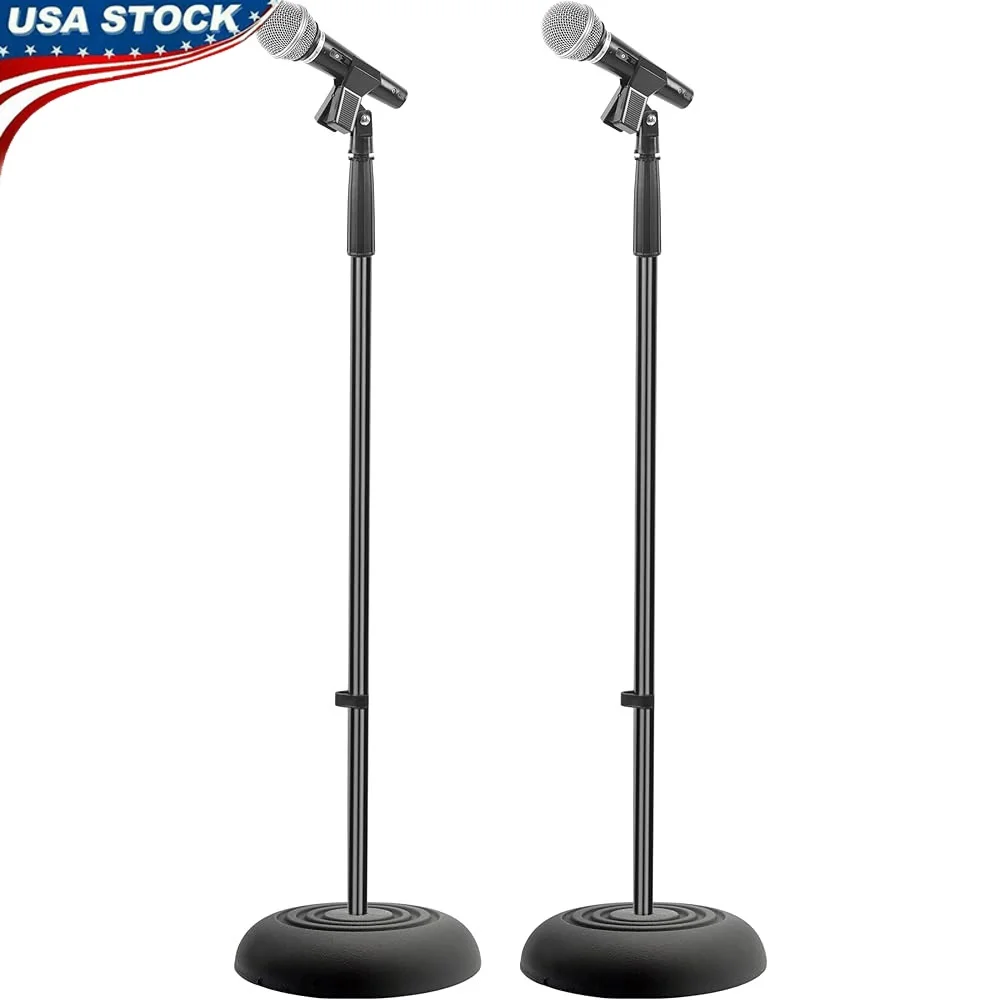 

Universal Adjustable Microphone Stand Pair Heavy Duty Compact Base Lightweight Studio Floor Mic Holder with 2 Mounting Clips