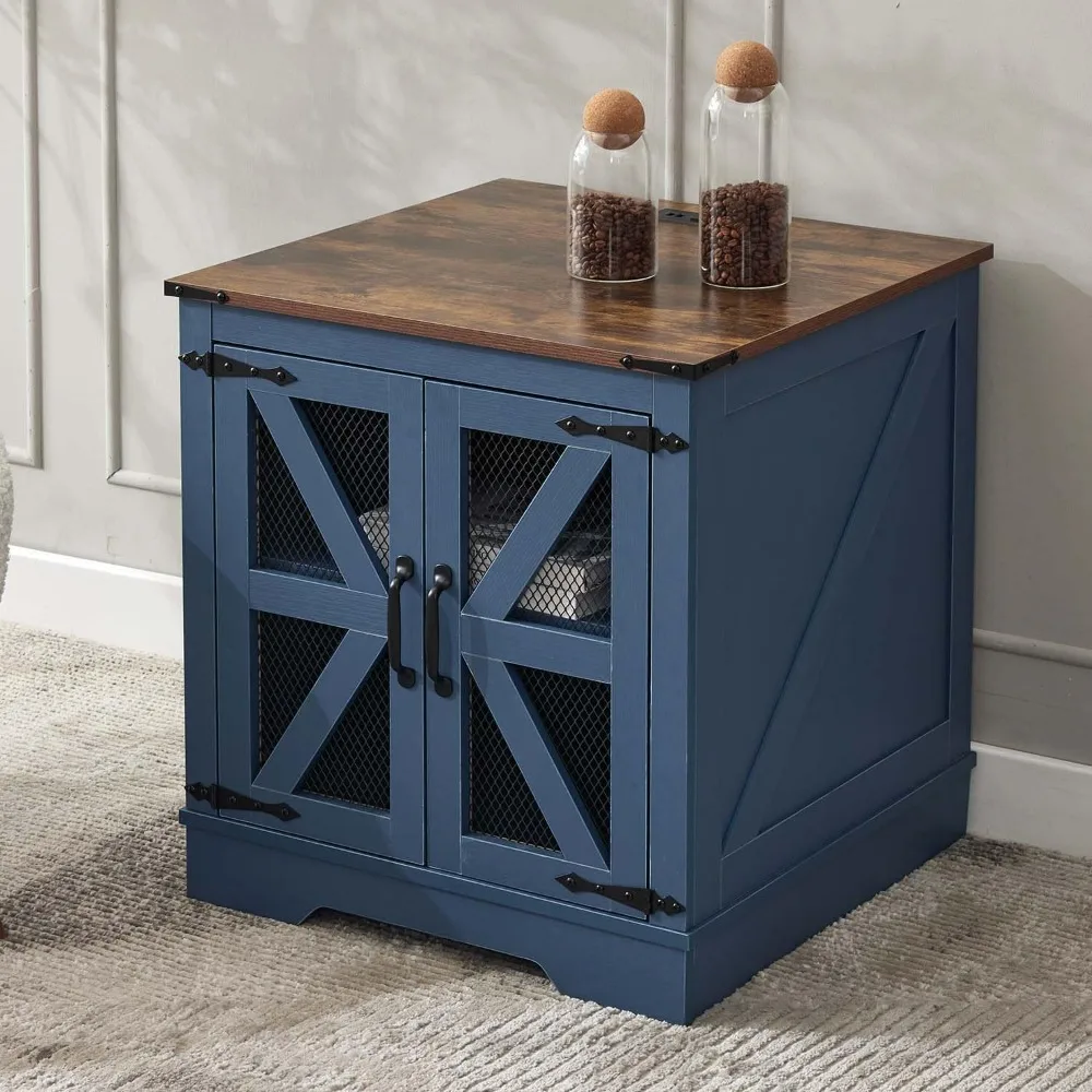 21.1 Tavolino da fattoria con stazione di ricarica e porta della stalla in rete, comodino in legno rustico con ripiano portaoggetti per soggiorno e B