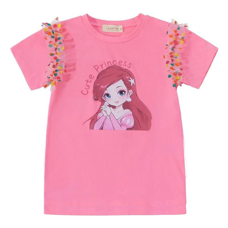 Fashionable Cartoon Princess Polka Dot Mesh Half Sleeved Skirt For Girls Short Sleeved T-shirt Skirt Top Summer Dress