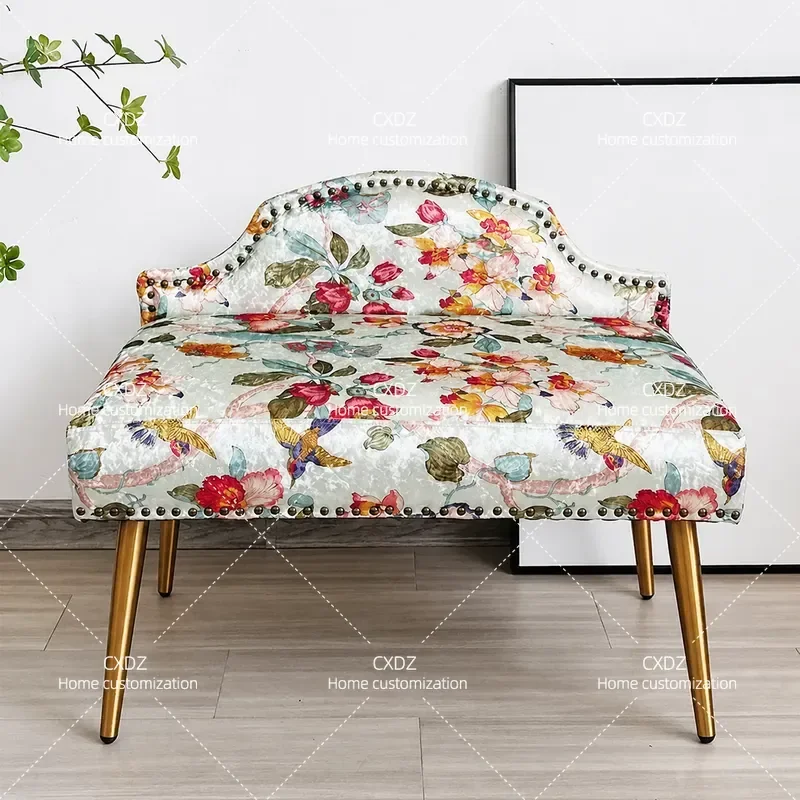 Pastoral Retro Floral Fabric Bedroom Bedside Stool European Style Home Foyer Shoe Change Living Room With Backrest Sofa Long