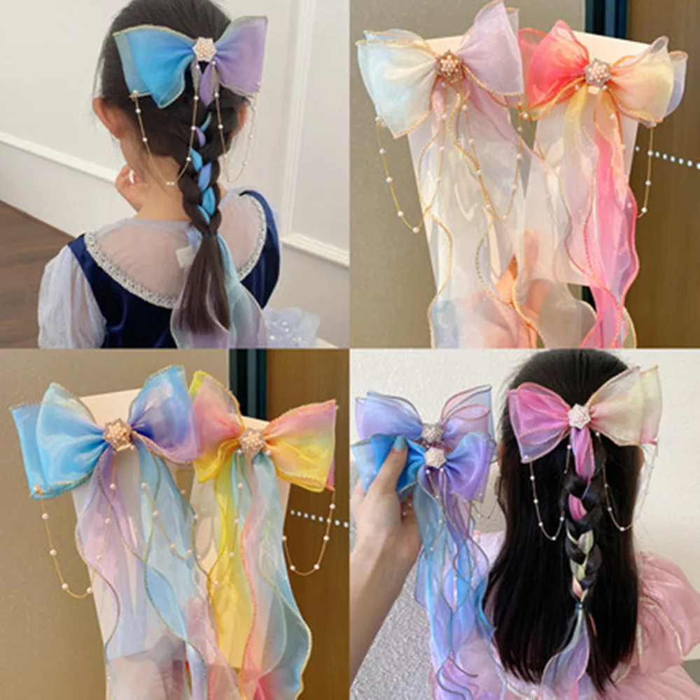 Princess Girls Braided Hairpin Pearl Tassels Bow Ribbons Barrette Headdress Children Streamer Headwear Gradient Hair Accessorie