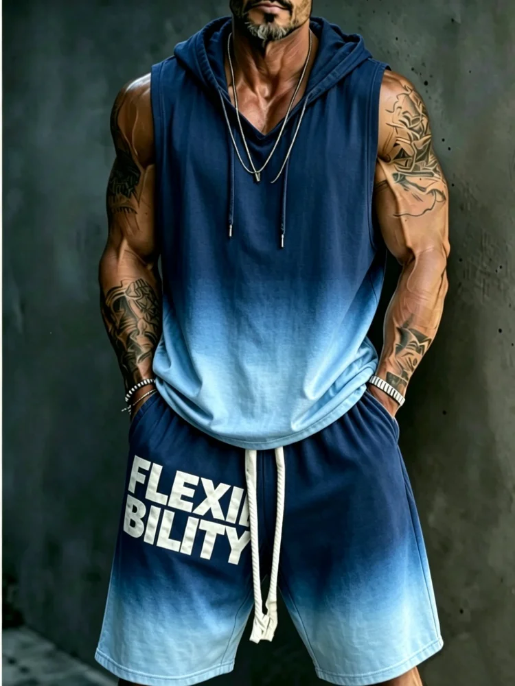 

Men's Sleeveless Hooded Tank & Shorts Set, Loose Comfort Blue Ombre Gradient Casual Streetwear