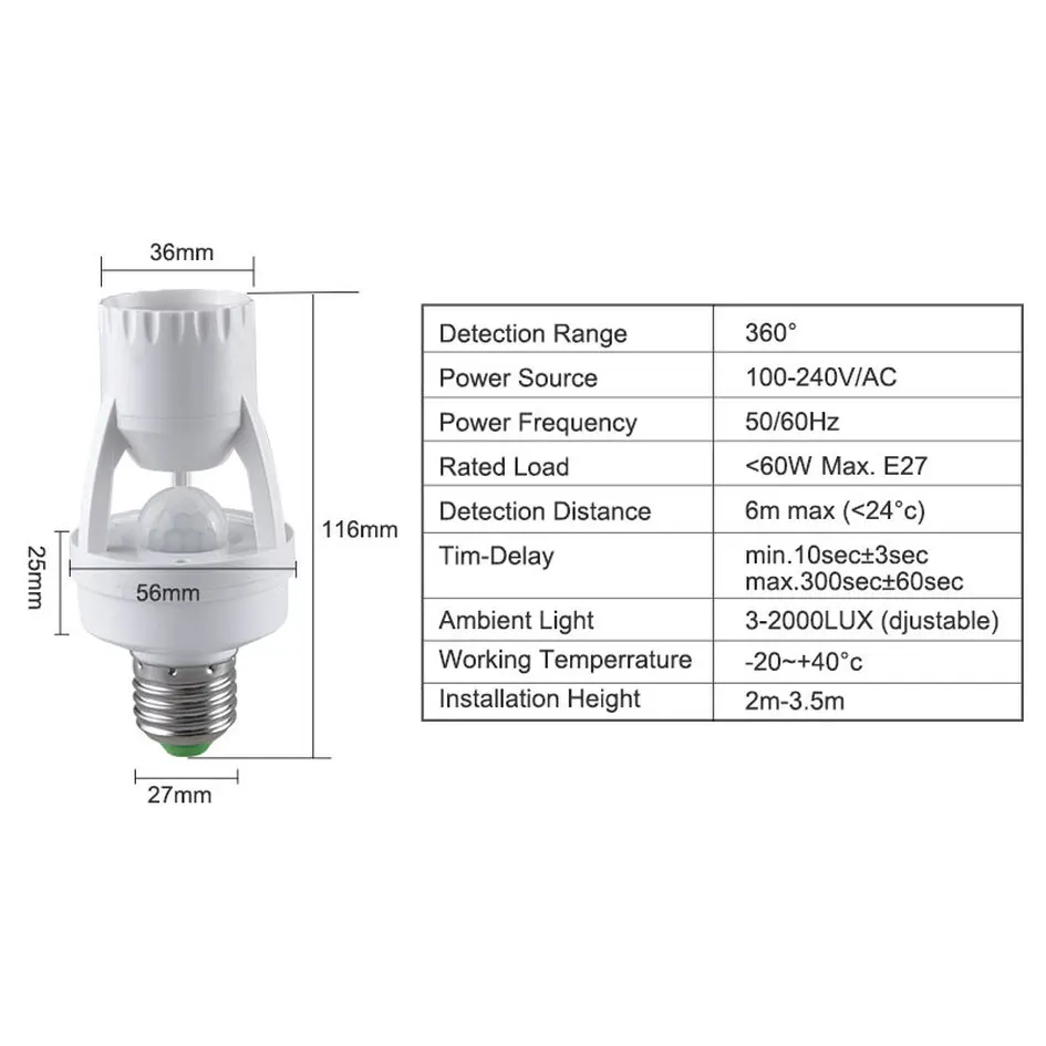 E27 PIR Sensing Converter 100-240V Motion Detector E27 Base Lamp Holder With Light Control Smart Switch Bulb Socket Adapter