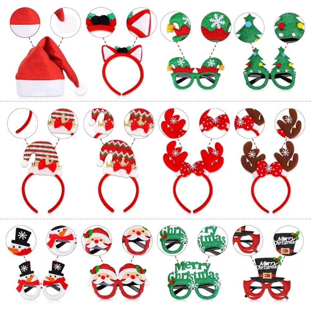 مجموعة قبعات عصابات رأس لامعة لنظارات عيد الميلاد، إطار نظارات على شكل طوق الشعر، قبعة سانتا دعائم صور لصالح حفلة عيد الميلاد #4