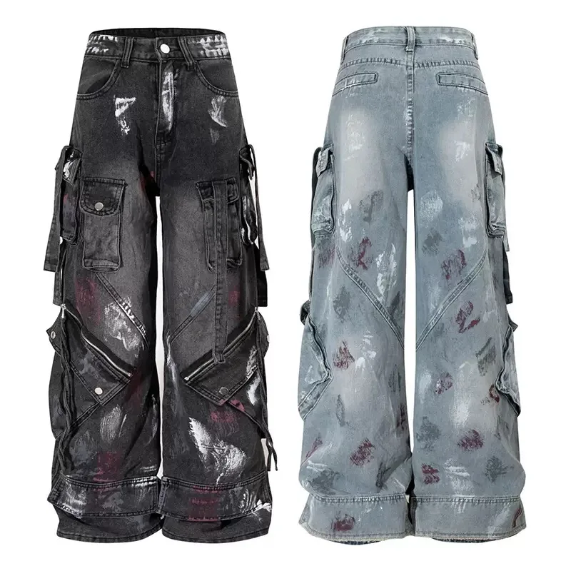 Calças estilo Y2K dos anos 2000, estilo heavy industry, com vários bolsos, estilo gótico, hip hop, jeans de perna larga, jeans pretos lavados, para ho