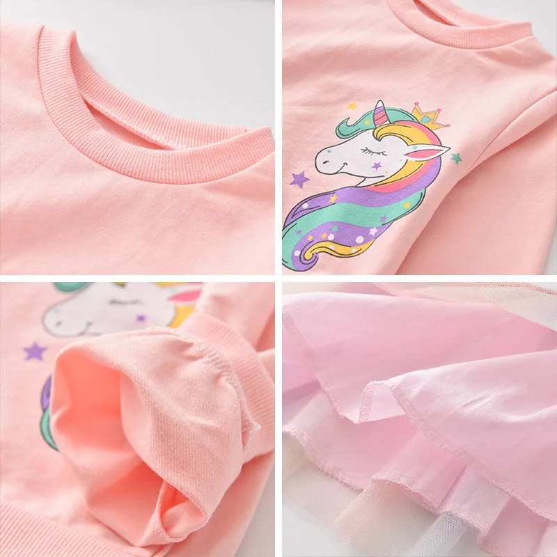 Pakaian Anak Perempuan Kasual Musim Semi Musim Gugur Gaun Tambal Sulam Jaring Gambar Cetak Unicorn Pelangi Lucu untuk Anak-anak Pakaian Sehari-hari Pakaian Anak-anak 3-8Y