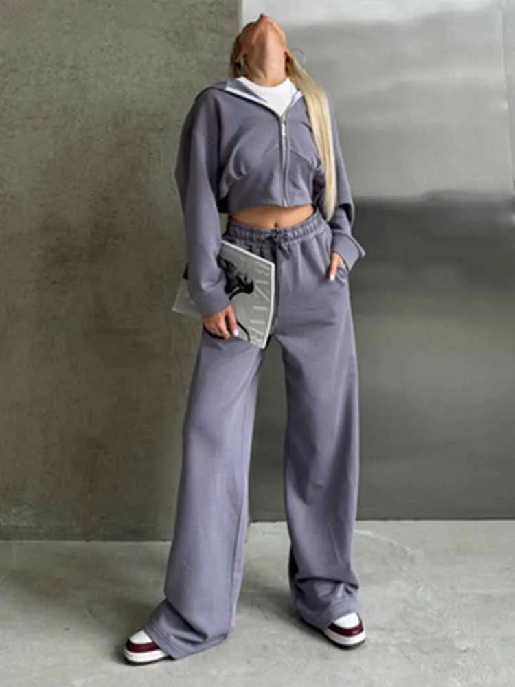 

Повседневный женский комплект, толстовка с капюшоном на молнии и длинными рукавами, однотонные брюки на шнуровке, комплект из двух предметов