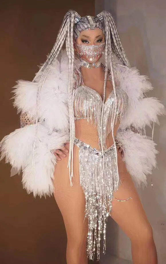 Silver Shining Tassel Bikini Set With White Leather Coat For Women Fashion Show Model Clothing Drag Queen Wear Stage Costumes