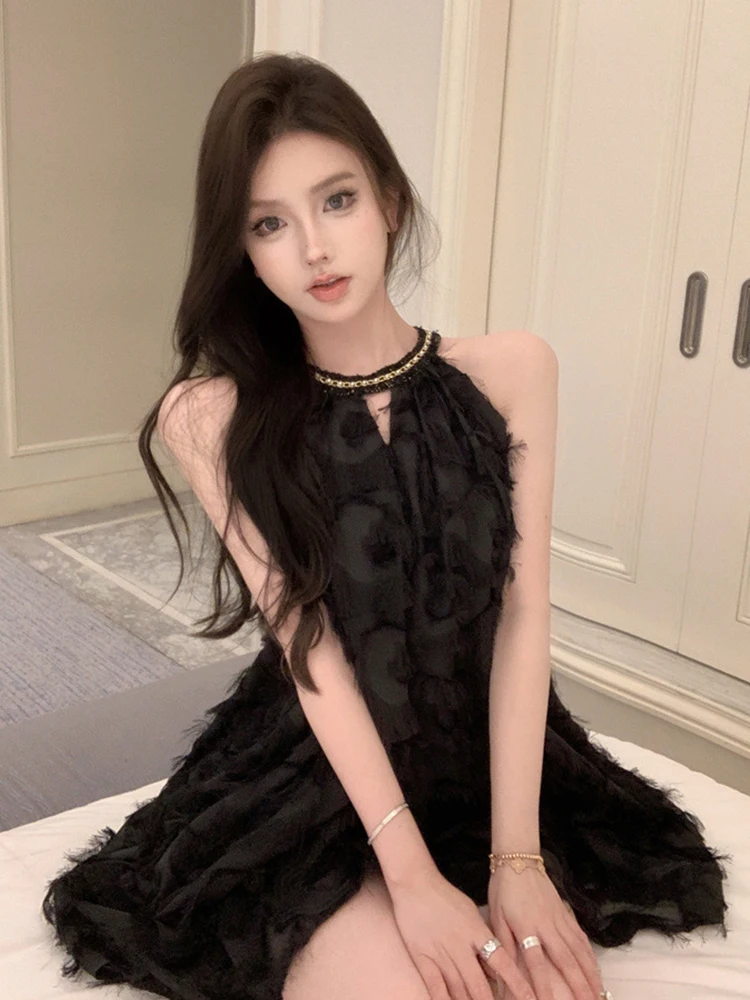 

Women Clothes French Sexy Elegant Sexy Loose Dress Chic Tank Halter Hollow Tassels Swing Gown Party Club Prom Vestids Lady Beach
