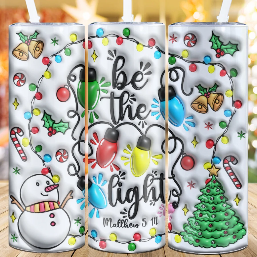 1Pc Party 3D Print Lamp & Snowman Drink Mugs Straw Lid 1Pc 20oz Stainless Insulated Tumblers 3D Print Christmas Party Tumblers