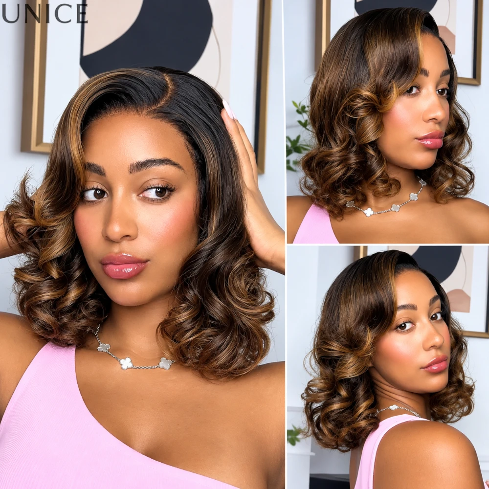 UNICE Bye-Bye Slip 7x5 & 13x4 Lace Frontal Brown With Honey Blonde Face-Framing Highlights Wavy Bob Glueless Wig With Drawstring