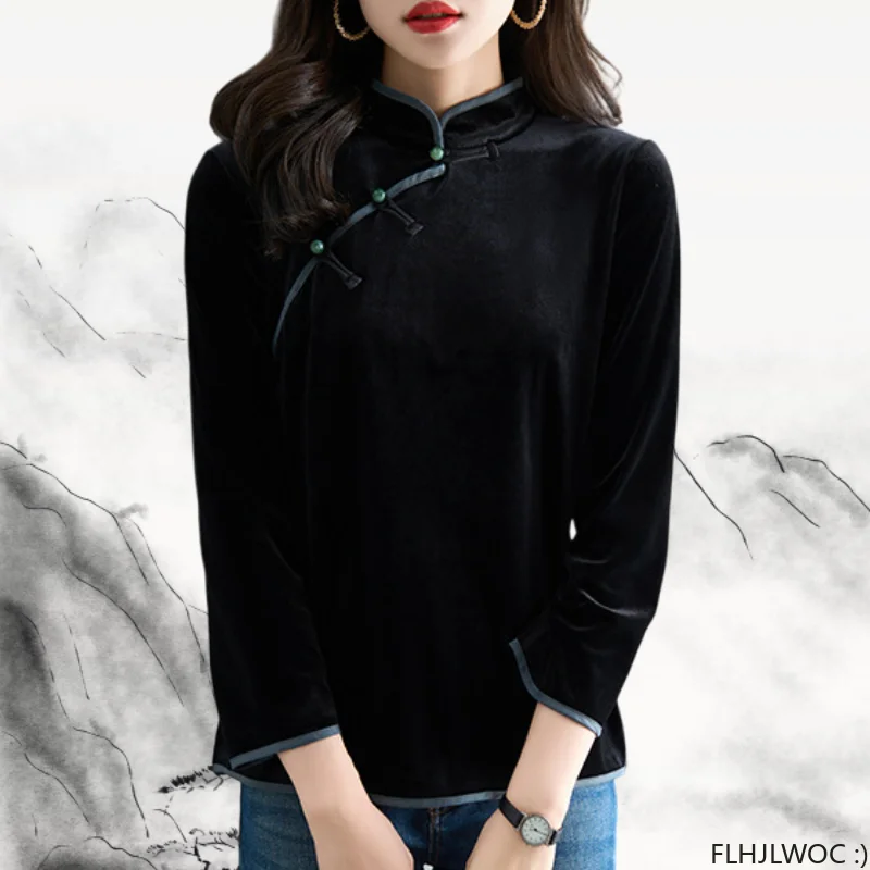 Chinese Style Chi-pao Collar Design Black Velvet Tops New Year 2024 Spring Women Date Girls Elegant Retro Shirt Blouse Vintage